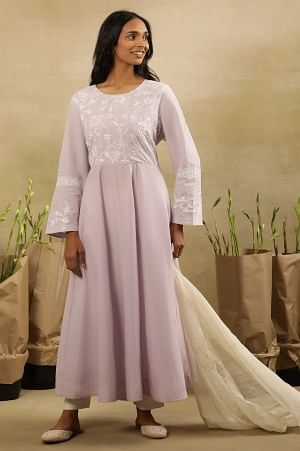 Lilac Chikankari Anarkali Kurta In Cotton Voile - Image 6
